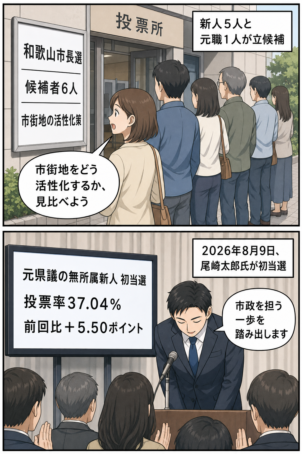 和歌山市長選に6人が立候補し、投票の結果、元県議の男性候補が初当選したことを中立的に描く2コマ漫画。