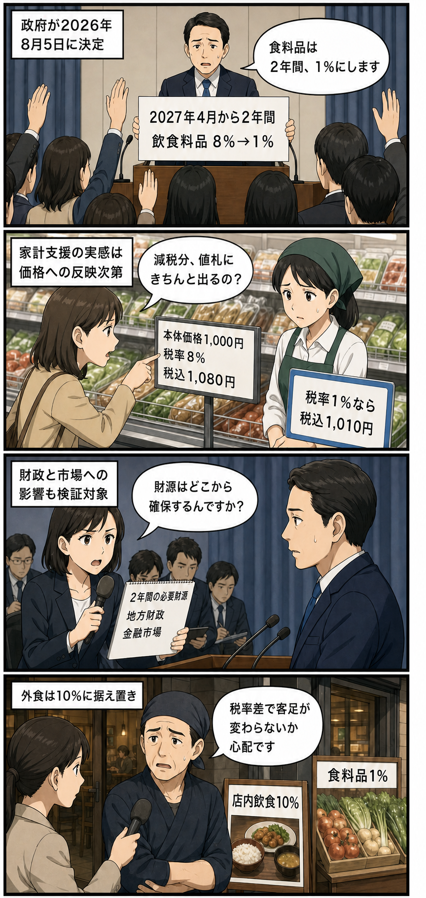 食料品の消費税率を2027年4月から2年間1％にする方針を政府担当者が説明し、買い物客、記者、飲食店主が価格への反映、財源、外食との税率差を具体的に問いかける批判的な4コマ漫画。