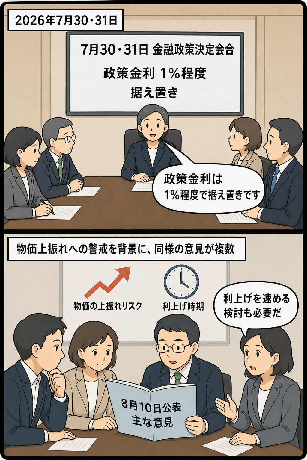 日銀の金融政策決定会合を模した場面で政策金利を1％程度に据え置く決定が示され、続いて公表資料を前にした複数の委員風キャラが物価の上振れを警戒し、利上げペースを速める検討の必要性を述べる二コマ漫画。