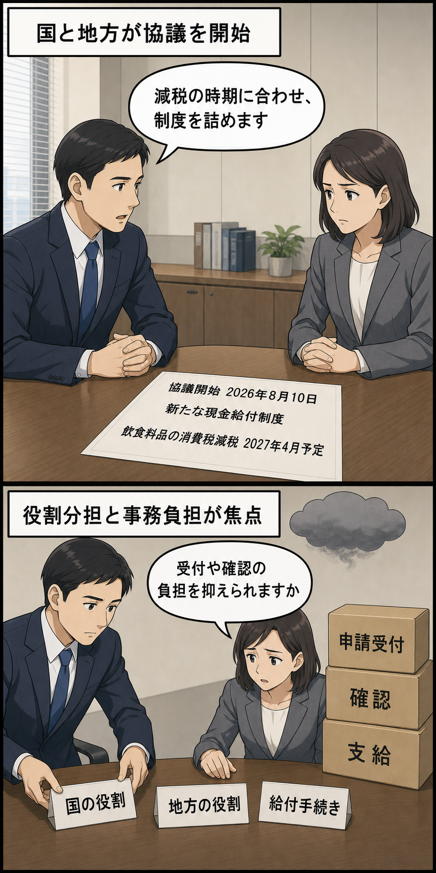 国と地方の担当者が新たな現金給付制度の協議を始め、自治体職員が給付手続きの事務負担を慎重に確認する2コマ漫画。