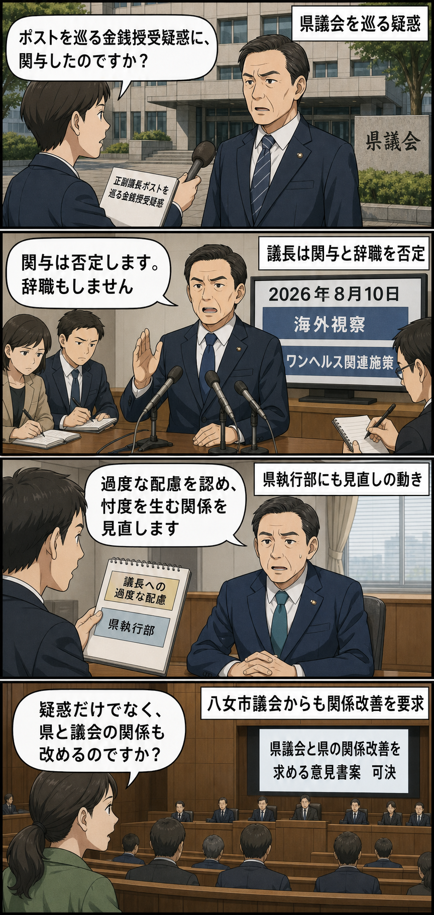 福岡県議会の金銭授受疑惑を記者が問い、男性の議長風キャラが関与と辞職を否定する。その後、男性の知事風キャラが過度な配慮の見直しを表明し、市議会が県と県議会の関係改善を求める意見書案を可決する4コマ漫画...
