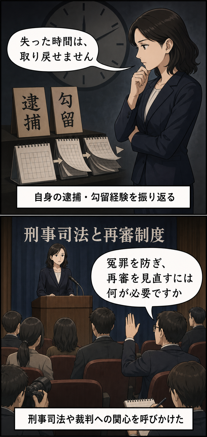 一般化された女性の元官僚風キャラが、逮捕・勾留で失われる時間を振り返り、札幌の講演会で冤罪や再審制度への関心を呼びかける2コマ漫画。