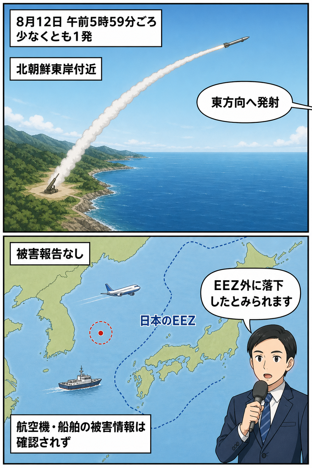 東岸付近から東方向へ発射された弾道ミサイルと、日本のEEZ外への落下推定および航空機・船舶の被害報告がない状況を中立的に描いた2コマ漫画