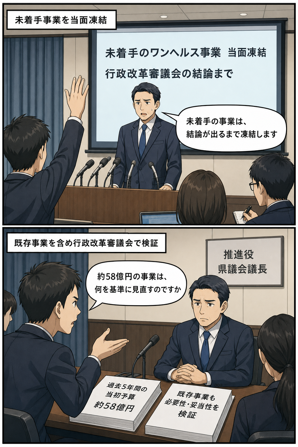福岡県の男性知事風キャラが未着手のワンヘルス事業の凍結方針を説明し、記者が既存事業の妥当性や過去5年間で約58億円の予算について問いかける2コマ漫画。