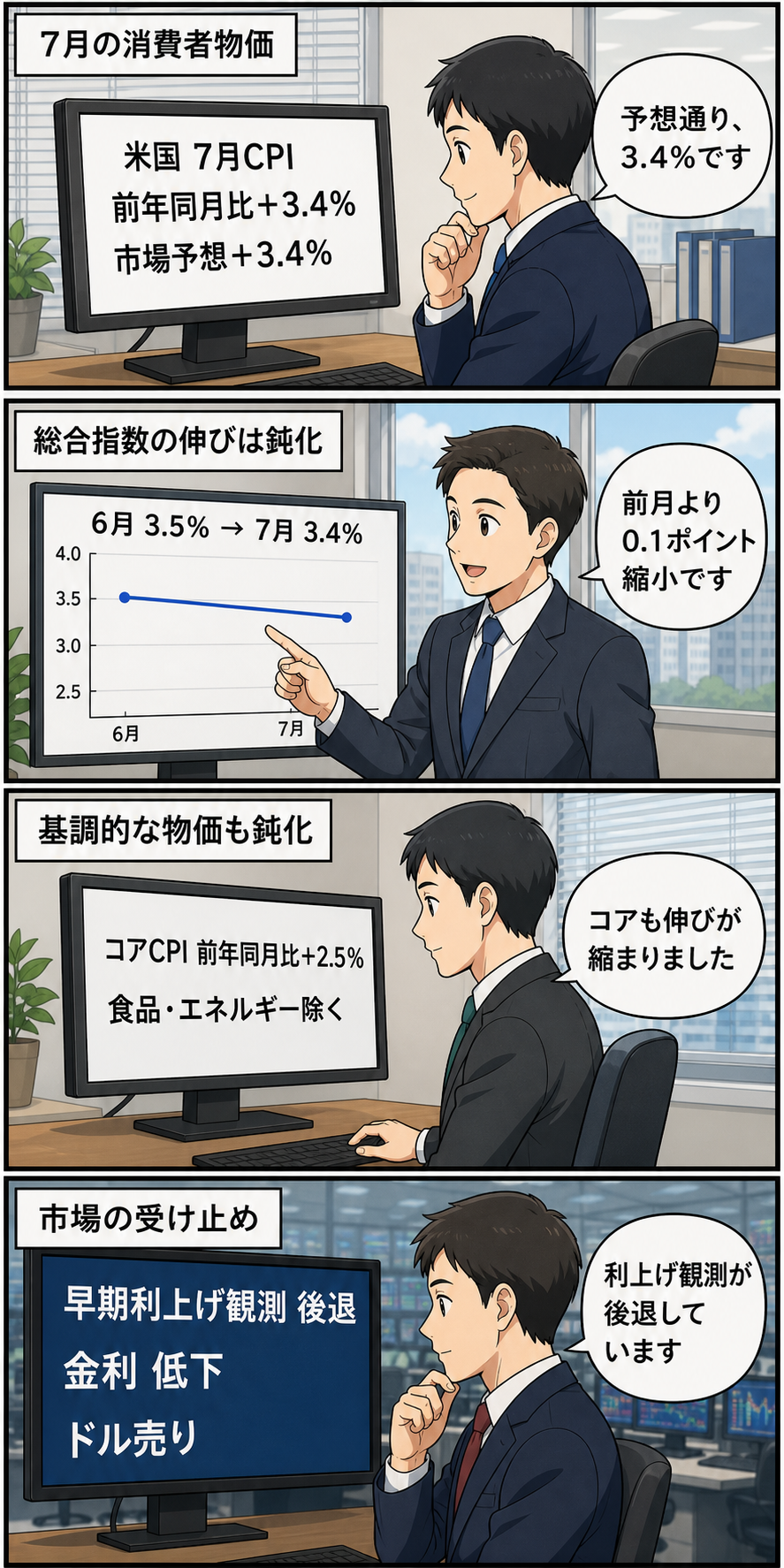 米国の7月消費者物価指数が市場予想通り前年同月比3.4％となり、総合・コア指数の伸び鈍化を受けて早期利上げ観測が後退する流れを描いた4コマ漫画。