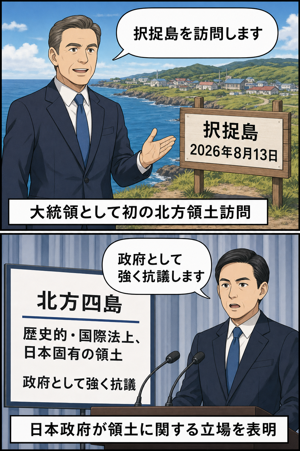 海外の男性大統領風キャラによる択捉島訪問と、日本の男性外相風キャラによる政府見解と抗議表明を中立的に描いた2コマ漫画。