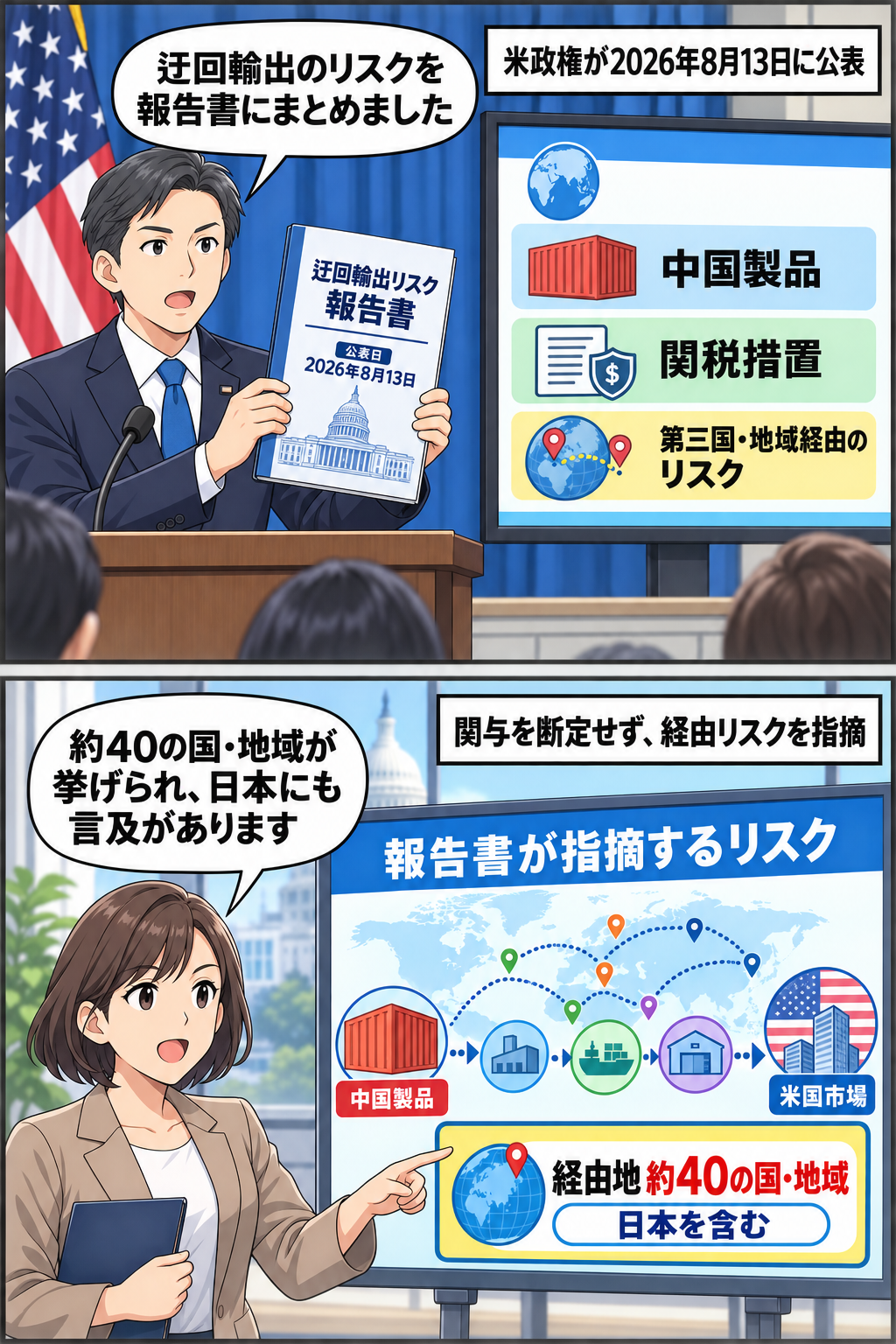 米政権の一般化された担当官が迂回輸出リスクの報告書を公表し、専門家が約40の国・地域と日本への言及を中立的に確認する2コマ漫画。
