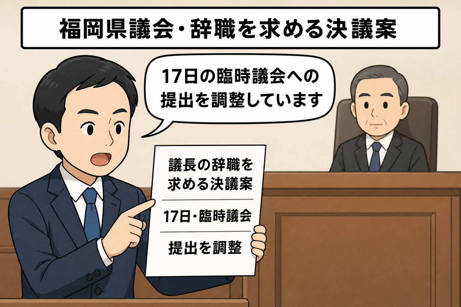 福岡県議会を抽象化した議場で、男性県議風キャラが17日の臨時議会に向け、議長の辞職を求める決議案を提出する方向で調整していると説明する中立的な一コマ漫画。