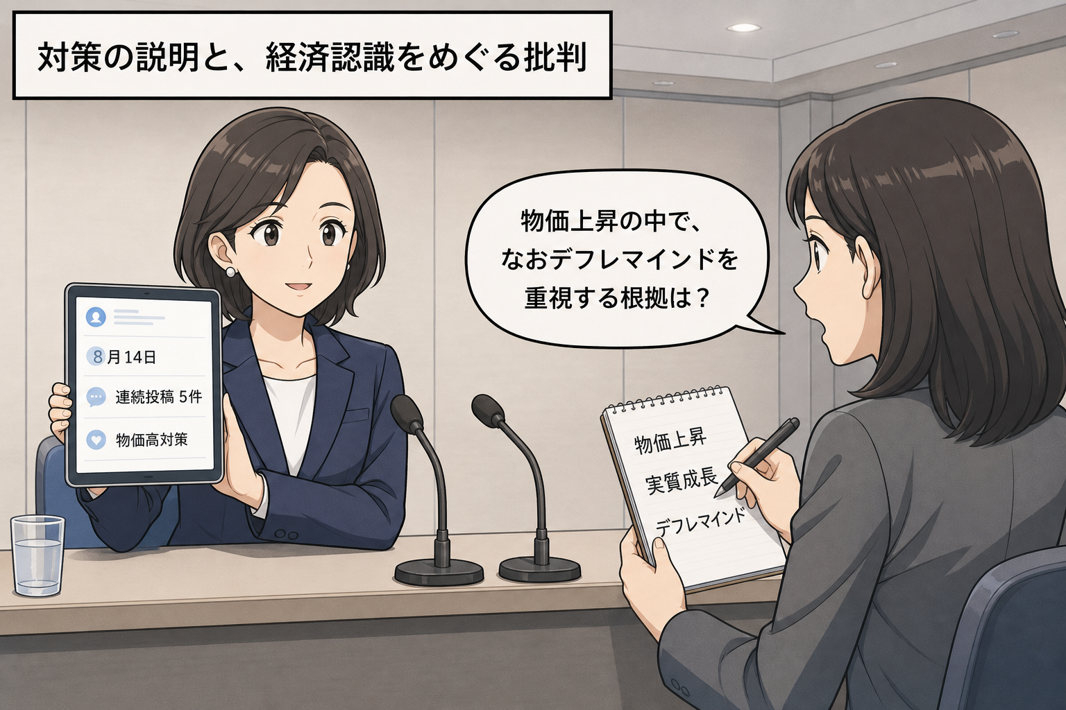 スーツ姿の女性の首相風キャラが物価高対策に関する5件のSNS投稿を示し、記者がデフレマインドを重視する経済認識の根拠を尋ねる中立的な一コマ漫画。