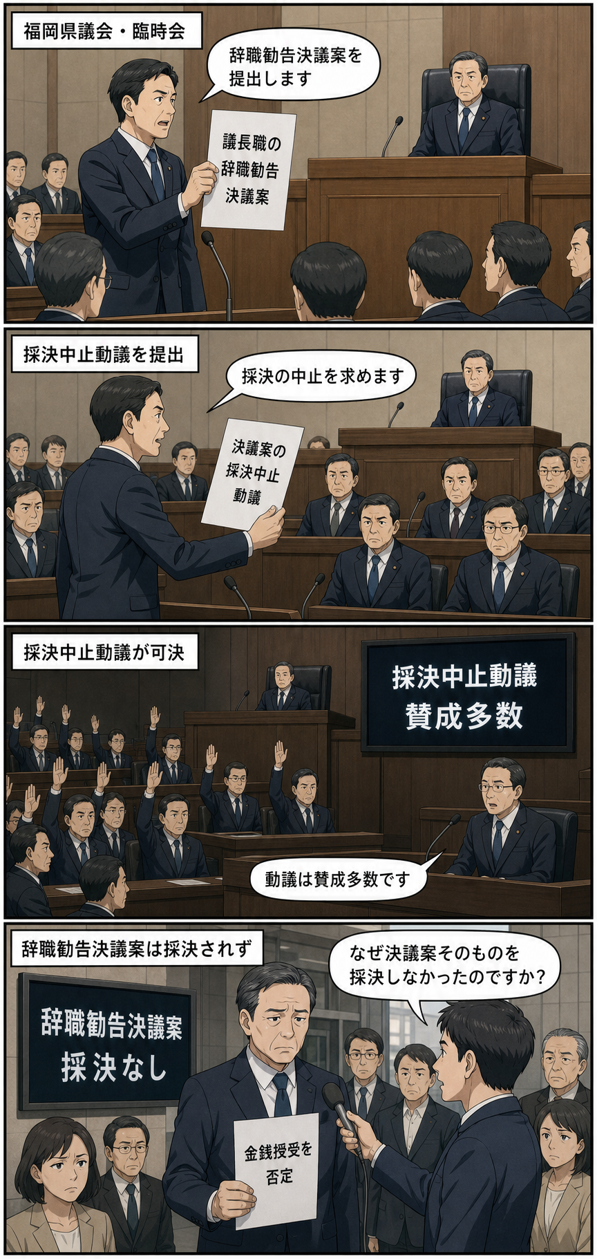 福岡県議会を抽象化した議場で、男性県議風キャラによる辞職勧告決議案の提出後、別の男性県議風キャラが採決中止動議を出し、賛成多数で可決された結果、決議案自体が採決されない流れを描く。最後に、金銭授受を否...